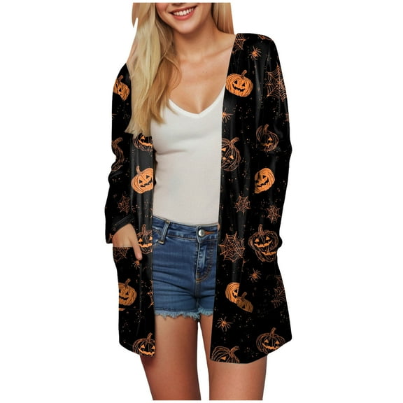 felwors Halloween Cardigan for Women 2025 Pumpkin Print Tunic Shirt Spooky Season Lightweight Long Sleeve Cardigans Black, XL