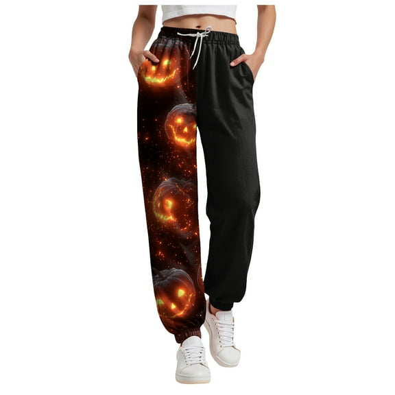 felwors Halloween Joggers for Women Baggy Soft Fleece Sweatpants High Waisted Elastic Ankles with Pockets Gold, XL