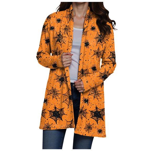 felwors Halloween Long Cardigan for Women 2025 Ghost Print Tunic Shirt Spooky Season Lightweight Fall Fashion Cardigans Orange, S
