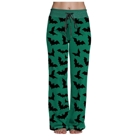felwors Halloween Pajama Pants Women Stretch Wide Leg Pj Pants High Waisted Cute Pumpkin Skull Ghost Print Pjs Palazzo Pants Green, XL
