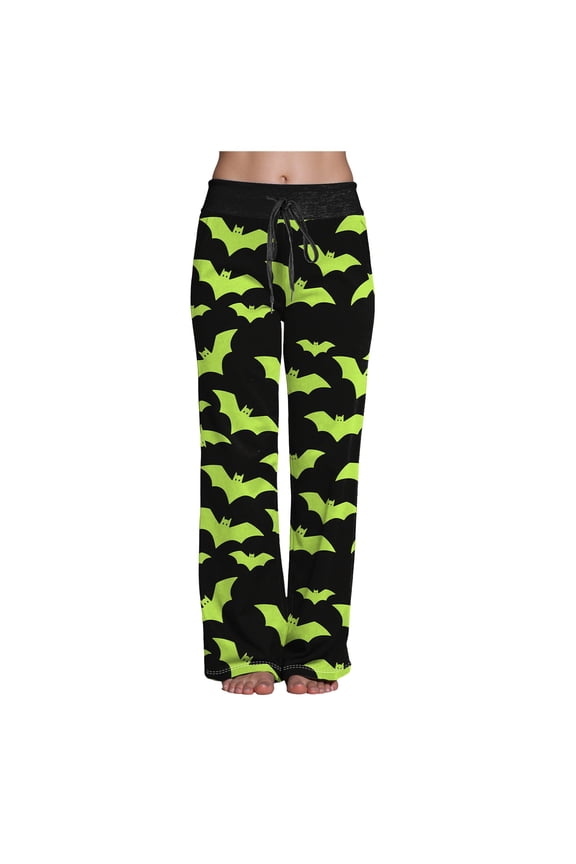 Halloween Pajama Pants Women Stretch Wide Leg Pj Pants High Waisted Cute Pumpkin Skull Ghost Print Pjs Palazzo Pants Light Green, M