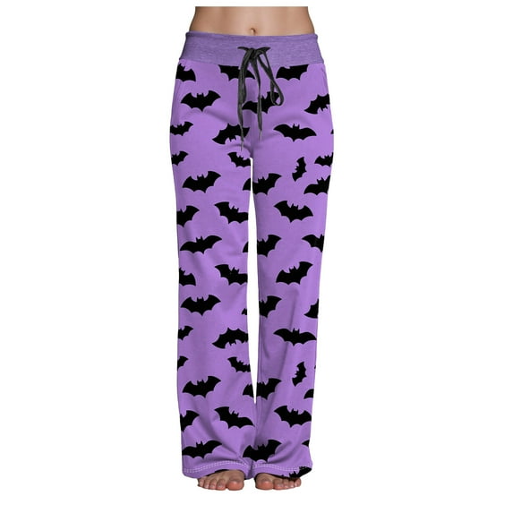 felwors Halloween Pajama Pants Women Stretch Wide Leg Pj Pants High Waisted Cute Pumpkin Skull Ghost Print Pjs Palazzo Pants Purple, XXL