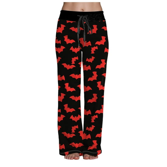 felwors Halloween Pajama Pants Women Stretch Wide Leg Pj Pants High Waisted Cute Pumpkin Skull Ghost Print Pjs Palazzo Pants Red, S