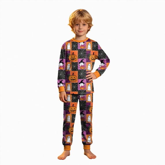felwors Halloween Pajamas Big Boy Girls Crew Neck Cute Print Pajama Sets Long Sleeve Lovely Sleepwear 2 Piece Pjs Multiple Cartoon Jammies Pajama (Blue,4-5 Years)