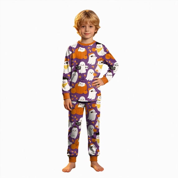felwors Halloween Pajamas Big Boy Girls Crew Neck Cute Print Pajama Sets Long Sleeve Lovely Sleepwear 2 Piece Pjs Multiple Cartoon Jammies Pajama (Dark Purple,5-6 Years)