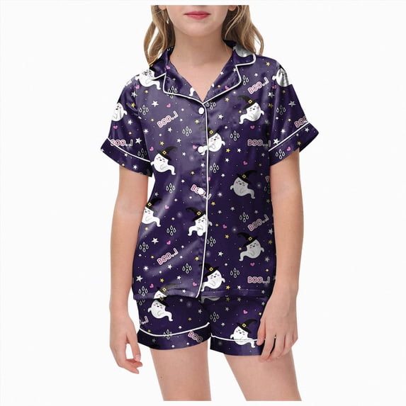 felwors Halloween Pajamas Button Down Tops Shorts 2pc Outfits Halloween Nighie Gifts Preppy Clothes(4-5 Years,Dark Blue)