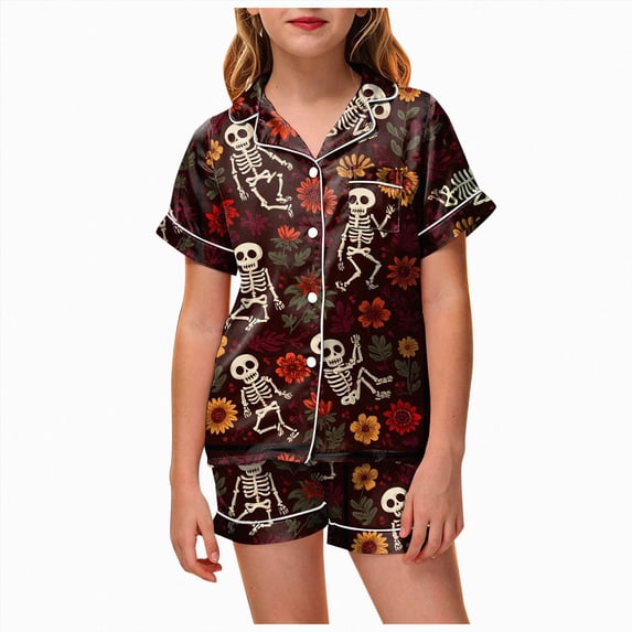 felwors Halloween Pajamas Little Baby Girls Boys Pajamas Set Satin Silk Short Sleeves Sleepwear 2 Piece Button Down Classic Loungewear Shorts (Brick Red,6-7 Years)