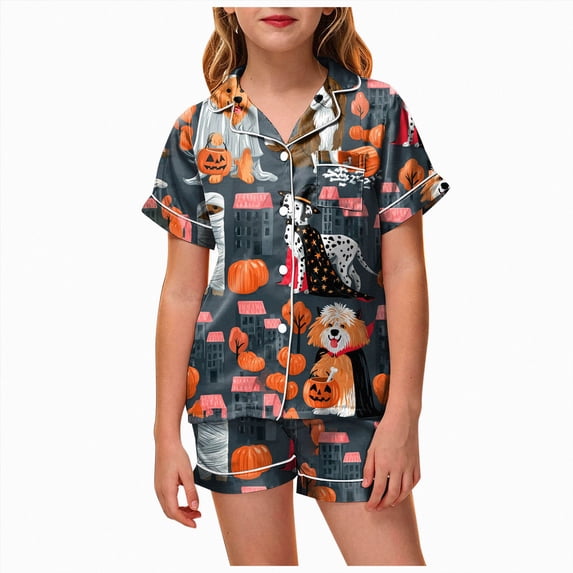 felwors Halloween Pajamas Little Baby Girls Boys Pajamas Set Satin Silk Short Sleeves Sleepwear 2 Piece Button Down Classic Loungewear Shorts (Grey,4-5 Years)
