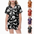 thumbnail image 1 of felwors Halloween Pajamas Short Sleeves Collared Tops Shorts 2pcs Outfits Halloween Nighie Gifts Preppy Clothes(6-7 Years,Black), 1 of 5