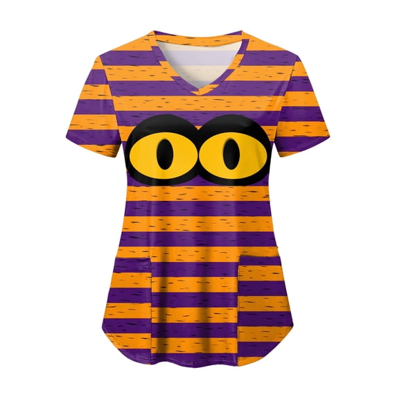 felwors Halloween Scrub Tops Women Cute Ghosts Print V-Neck Short Sleeve Nurse Shirts Medical Uniforms with Pockets (Gold, XL)