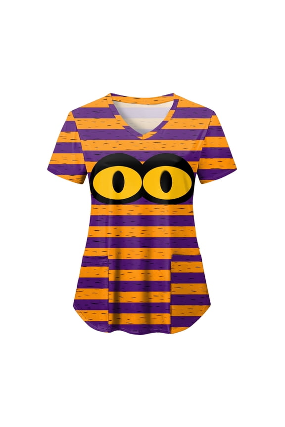 Halloween Scrub Tops Women Cute Ghosts Print V-Neck Short Sleeve Nurse Shirts Medical Uniforms with Pockets (Gold, XXL)