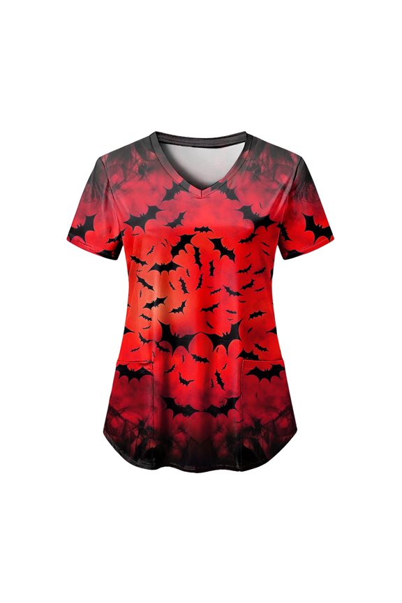 Halloween Scrub Tops Women Cute Ghosts Print V-Neck Short Sleeve Nurse Shirts Medical Uniforms with Pockets (Red, L)