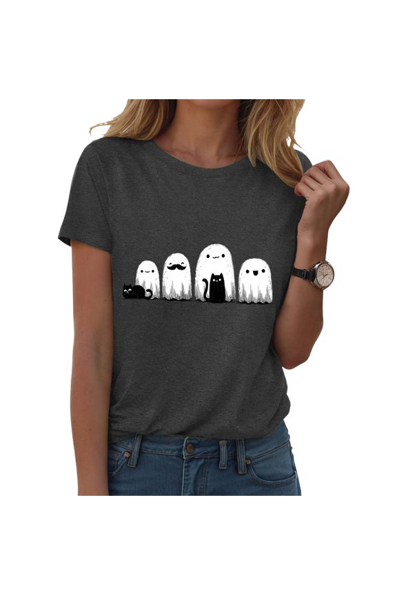 Halloween Shirts for Women 2025 Cute Ghost Shirt Fall Pumpkin Tshirt Crew Neck Graphic Tees Casual Short Sleeve Tops Grey, XXL