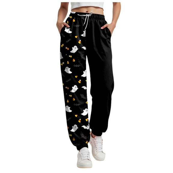 felwors Halloween Sweatpants Women Gothic Witch Patterned Jogger Cinch Bottom Casual Wide Leg Sweat Pants with Pockets Black, M