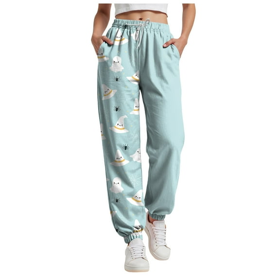 felwors Halloween Sweatpants Women Gothic Witch Patterned Jogger Cinch Bottom Casual Wide Leg Sweat Pants with Pockets Sky Blue, XXL