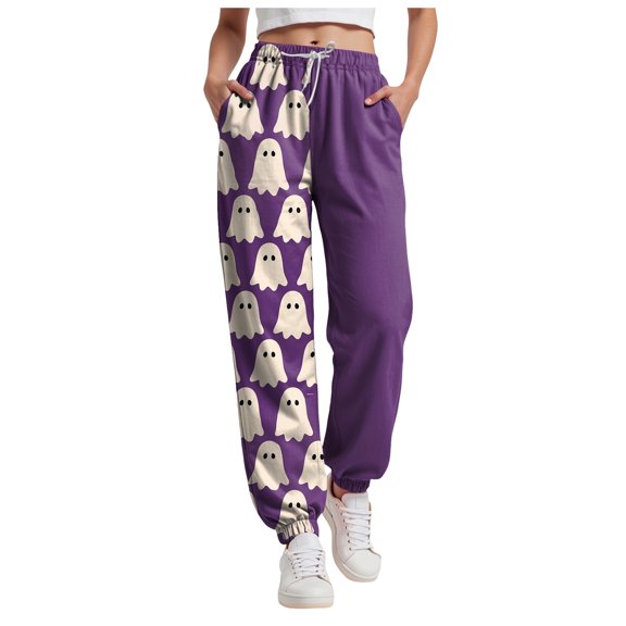 felwors Halloween Sweatpants for Women High Waisted Plus Size Halloween Costumes Woman Streetwear Jogger with Pockets Purple, XXL