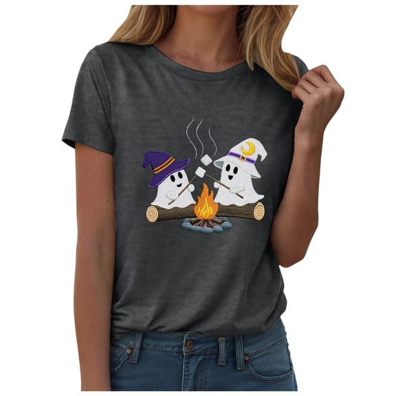 felwors Halloween women's shirt 2025 cute ghost cotton shirt autumn pumpkin T-shirt round neck pattern T-shirt casual short sleeved top Grey, L