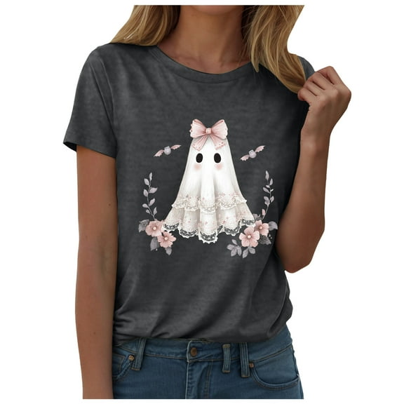 felwors Halloween women's shirt 2025 cute ghost cotton shirt autumn pumpkin T-shirt round neck pattern T-shirt casual short sleeved top Grey, XL