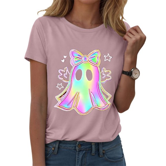 felwors Halloween women's shirt 2025 cute ghost cotton shirt autumn pumpkin T-shirt round neck pattern T-shirt casual short sleeved top Light Pink, L