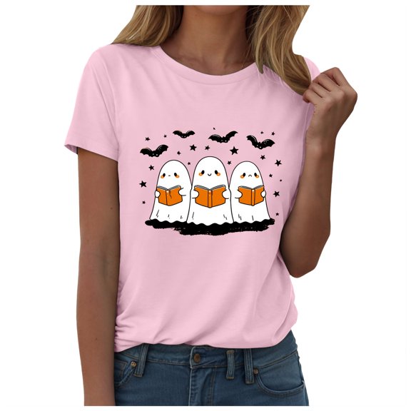 felwors Halloween women's shirt 2025 cute ghost cotton shirt autumn pumpkin T-shirt round neck pattern T-shirt casual short sleeved top Pink, XL