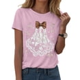 thumbnail image 1 of felwors Halloween women's shirt 2025 cute ghost cotton shirt autumn pumpkin T-shirt round neck pattern T-shirt casual short sleeved top Pink, XXXL, 1 of 6
