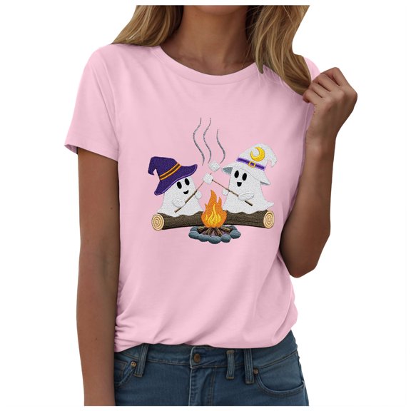 felwors Halloween women's shirt 2025 cute ghost cotton shirt autumn pumpkin T-shirt round neck pattern T-shirt casual short sleeved top Pink, XXXL