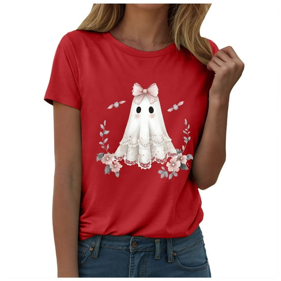 felwors Halloween women's shirt 2025 cute ghost cotton shirt autumn pumpkin T-shirt round neck pattern T-shirt casual short sleeved top Red, S