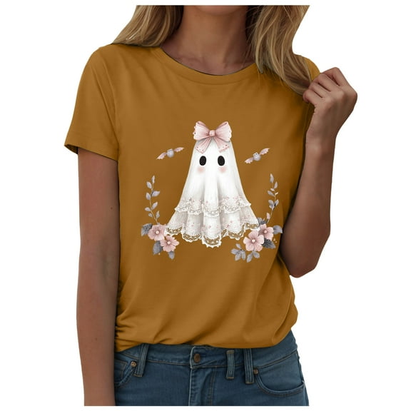 felwors Halloween women's shirt 2025 cute ghost cotton shirt autumn pumpkin T-shirt round neck pattern T-shirt casual short sleeved top Yellow, M