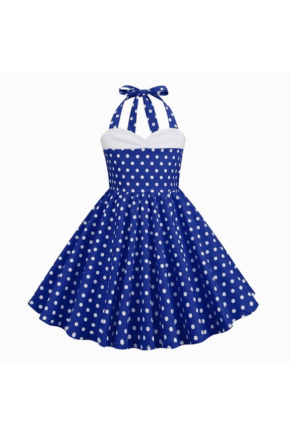 Halter Pinup Dresses for Girls 50s Pin up Dress Girls Retro Dress 1950s Vintage Dress Kids A 50's Polka Dot Dress(Blue,9-10 Years)