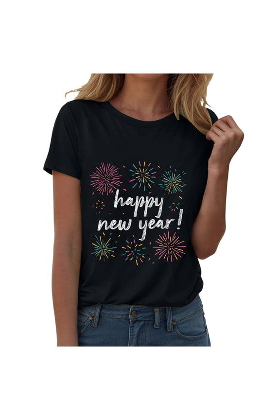 Happy New Year Shirt for Women 2026 New Years Eve T-Shirt Countdown Fireworks Holiday Party Tops(Black, XL)