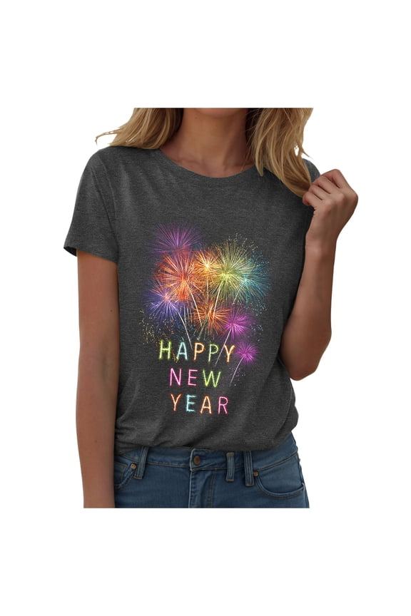 Happy New Year Shirt for Women 2026 New Years Eve T-Shirt Countdown Fireworks Holiday Party Tops(Grey, XXXL)