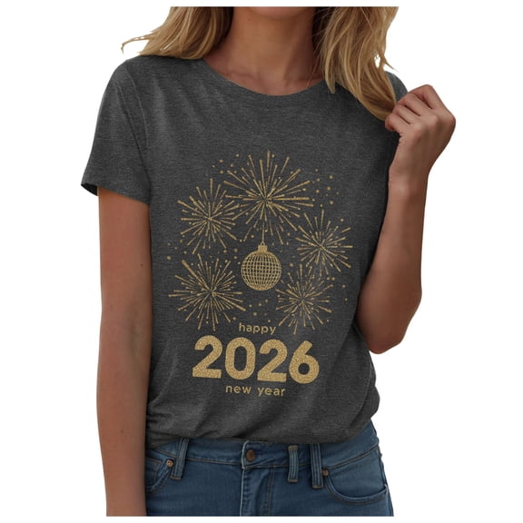felwors Happy New Year Shirt for Women 2026 New Years Eve T-Shirt Countdown Fireworks Holiday Party Tops(Grey, XXXL)