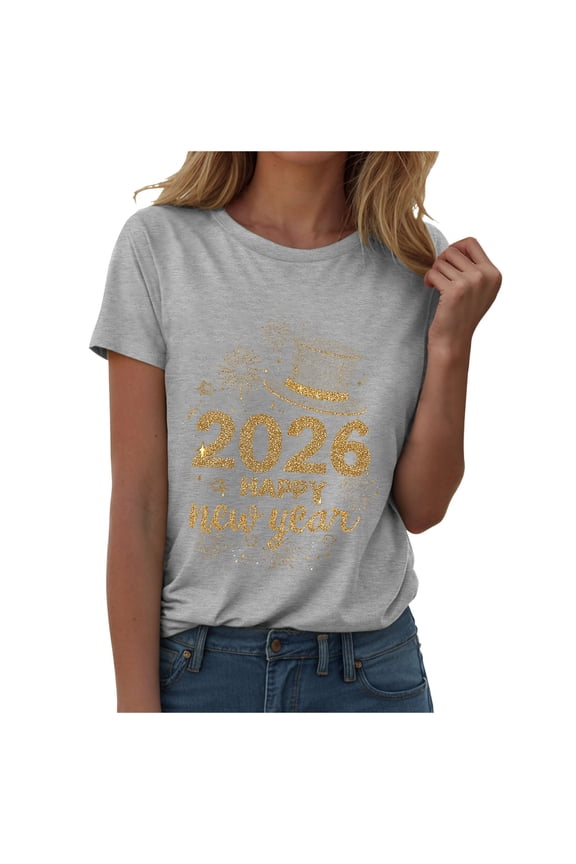 Happy New Year Shirt for Women 2026 New Years Eve T-Shirt Countdown Fireworks Holiday Party Tops(Light Gray, XL)