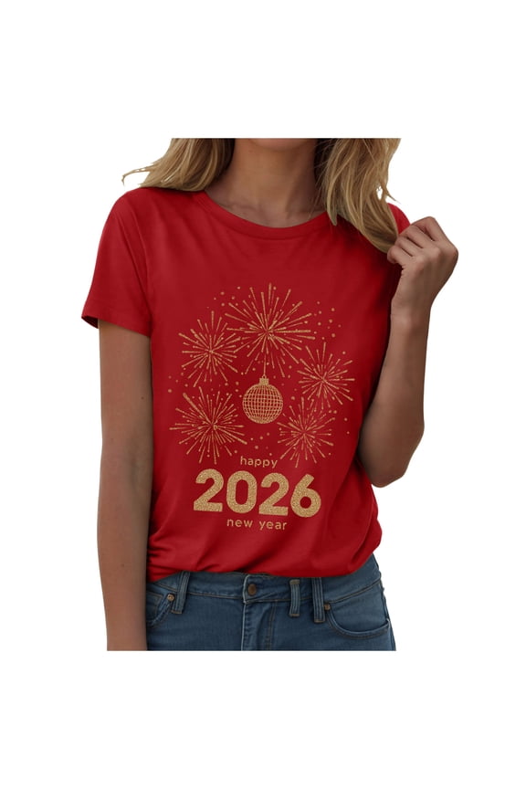 Happy New Year Shirt for Women 2026 New Years Eve T-Shirt Countdown Fireworks Holiday Party Tops(Red, XL)