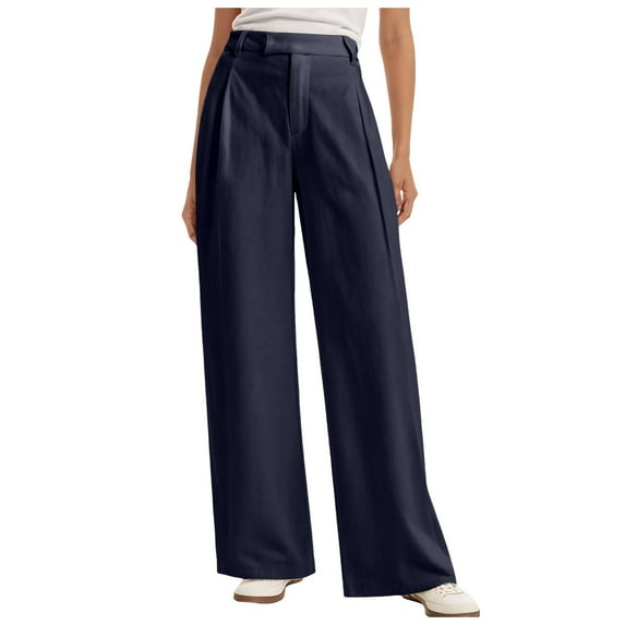 felwors High Waisted Wide Leg Pants for Women Business Casual Dress Pant Palazzo Long Work Trousers with Pockets Navy, L