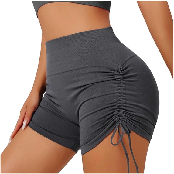 felwors High Waisted Yoga Shorts Ruched Drawstring Tummy Control Lifting Athletic Running Dark Gray for Size M