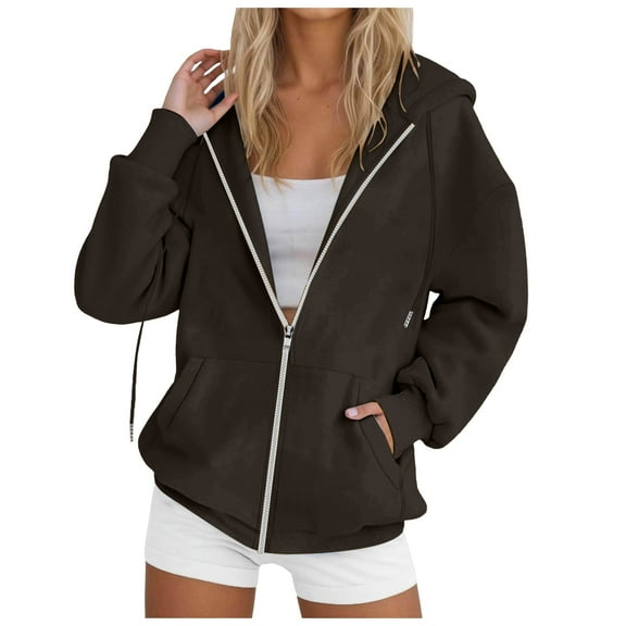 felwors Hoodies for Women Zip up Lightweight Sweatshirt Long Sleeve Fleece Hooded Jacket Coat Fall Casual Outfits Pockets Coffee, M
