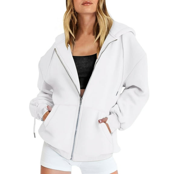 felwors Hoodies for Women Zip up Lightweight Sweatshirt Long Sleeve Fleece Hooded Jacket Coat Fall Casual Outfits Pockets White, XXL