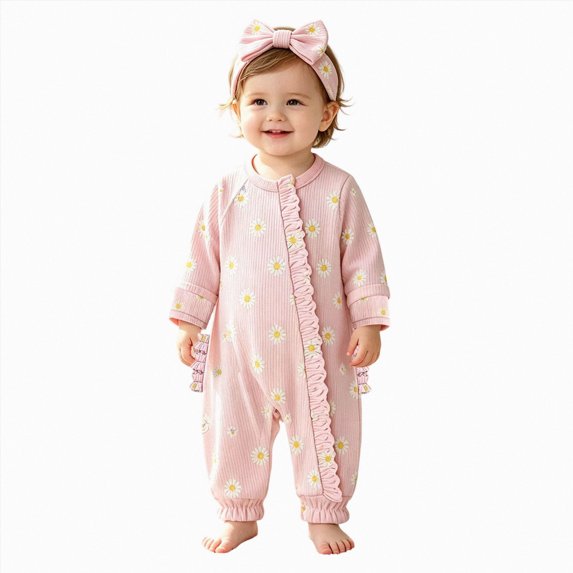 felwors Infant Baby Girl Fall Outfit Romper Floral Print Ruffled Trim Crew Neck Long Sleeve Jumpsuit Newborn Clothes