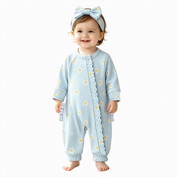 felwors Infant Baby Girl Fall Outfit Romper Floral Print Ruffled Trim Crew Neck Long Sleeve Jumpsuit Newborn Clothes