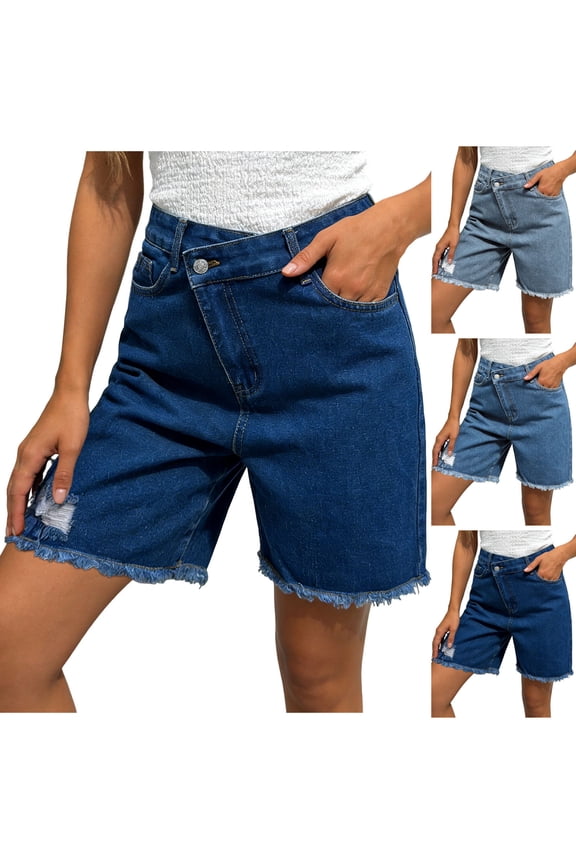 Jean Shorts for Women High Waisted Raw Hem Mid Thigh Cut Off Stretchy Denim Shorts Casual Summer Jorts（Blue， M）