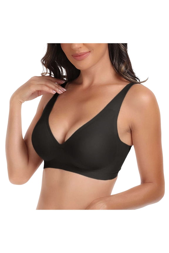 Jelly Wireless Bra Deep V Push Up Seamless T-Shirt Comfortable Plunge No Underwire Bras with Adjustable Straps Everyday Bras(Black, S)