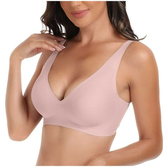 felwors Jelly Wireless Bra Deep V Push Up Seamless T-Shirt Comfortable Plunge No Underwire Bras with Adjustable Straps Everyday Bras(Pink, M)