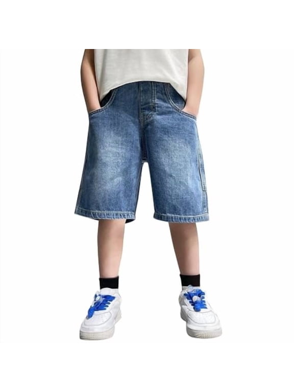 Jorts for Teen Boys Y2K Baggy Jean Shorts Retro Pull On Denim Shorts Elastic Waist Loose Hip Hop Jorts with Pockets (15-16 Years,Blue)