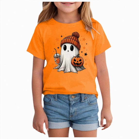 felwors Kid Boys Girls Halloween Shirts Cute Pumpkin T-Shirts Spooky Season Tees Outfits Short Sleeve Fall Tops(Orange,7-8 Years)