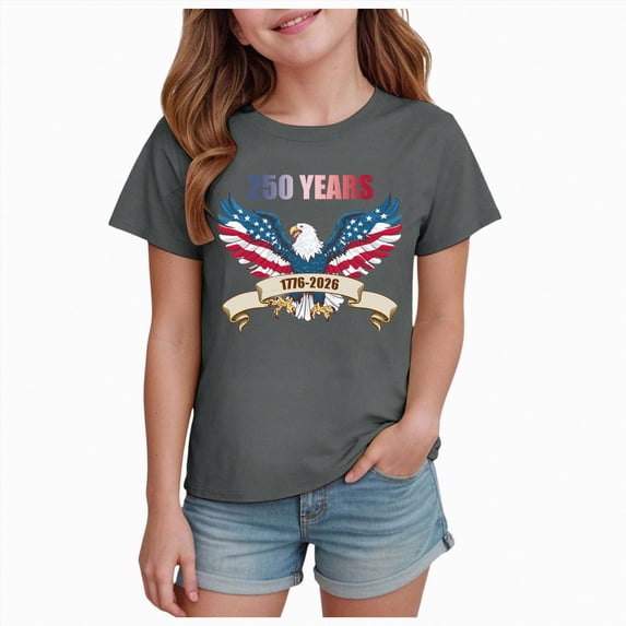 felwors Kids Anniversary Shirts Year Tshirt Girls Happy 250th Tee 4th of July Tops, Grey, 9-10Years