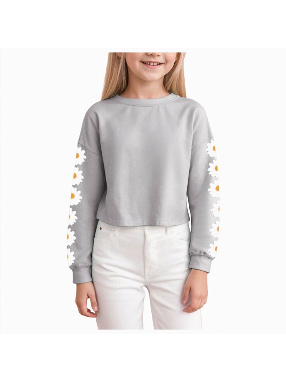 Kids Crop Tops Girls Long Sleeve Crewneck Sweatshirts Pullover Top | Daisy Printed, Cute Tops, Fashion Sweatshirts (Light Gray,6-7 Years)