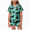 thumbnail image 1 of felwors Kids Halloween Pajamas Kids Pumpkin Ghost Print Girls Silk Pjs Short Sleeve Button-Down Top Shorts Set Kids Girls Clothes (Green,12-13 Years), 1 of 5