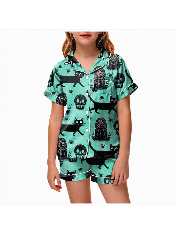 Kids Halloween Pajamas Kids Pumpkin Ghost Print Girls Silk Pjs Short Sleeve Button-Down Top Shorts Set Kids Girls Clothes (Green,12-13 Years)