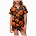 thumbnail image 1 of felwors Kids Halloween Pajamas Kids Pumpkin Ghost Print Girls Silk Pjs Short Sleeve Button-Down Top Shorts Set Kids Girls Clothes (Orange,10-11 Years), 1 of 5